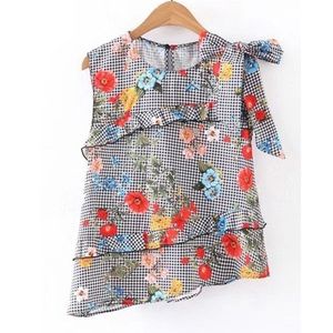 Zara Women’s Size Small Frill Trim Grid Asymmetrical Gingham and Floral Print